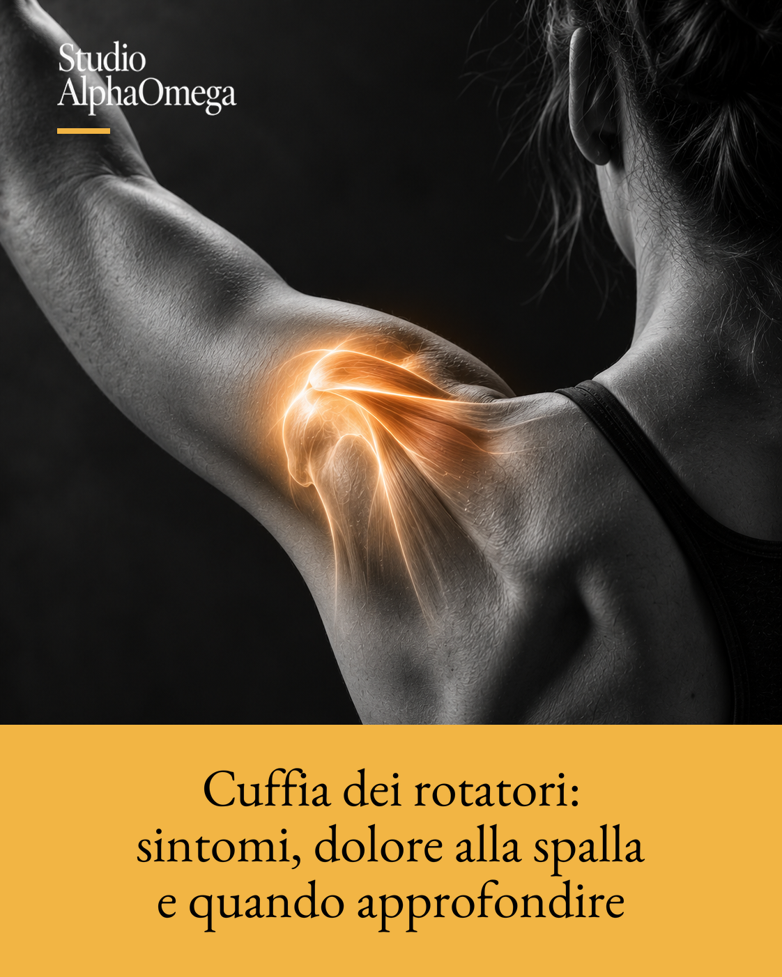 Dettaglio posteriore di spalla e scapola con braccio sollevato ed effetto neon illustrativo localizzato sulla cuffia dei rotatori.