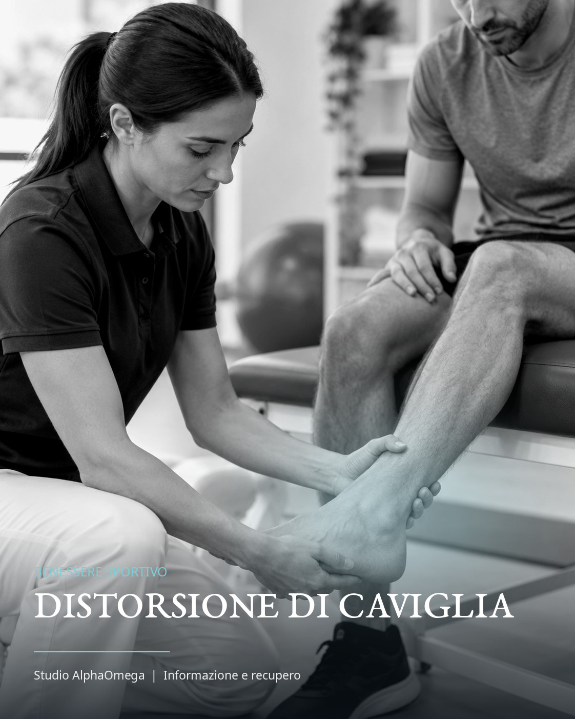 Valutazione illustrativa di una caviglia in ambito fisioterapico, fotografia editoriale in bianco e nero con dettagli azzurri e titolo Distorsione di caviglia.