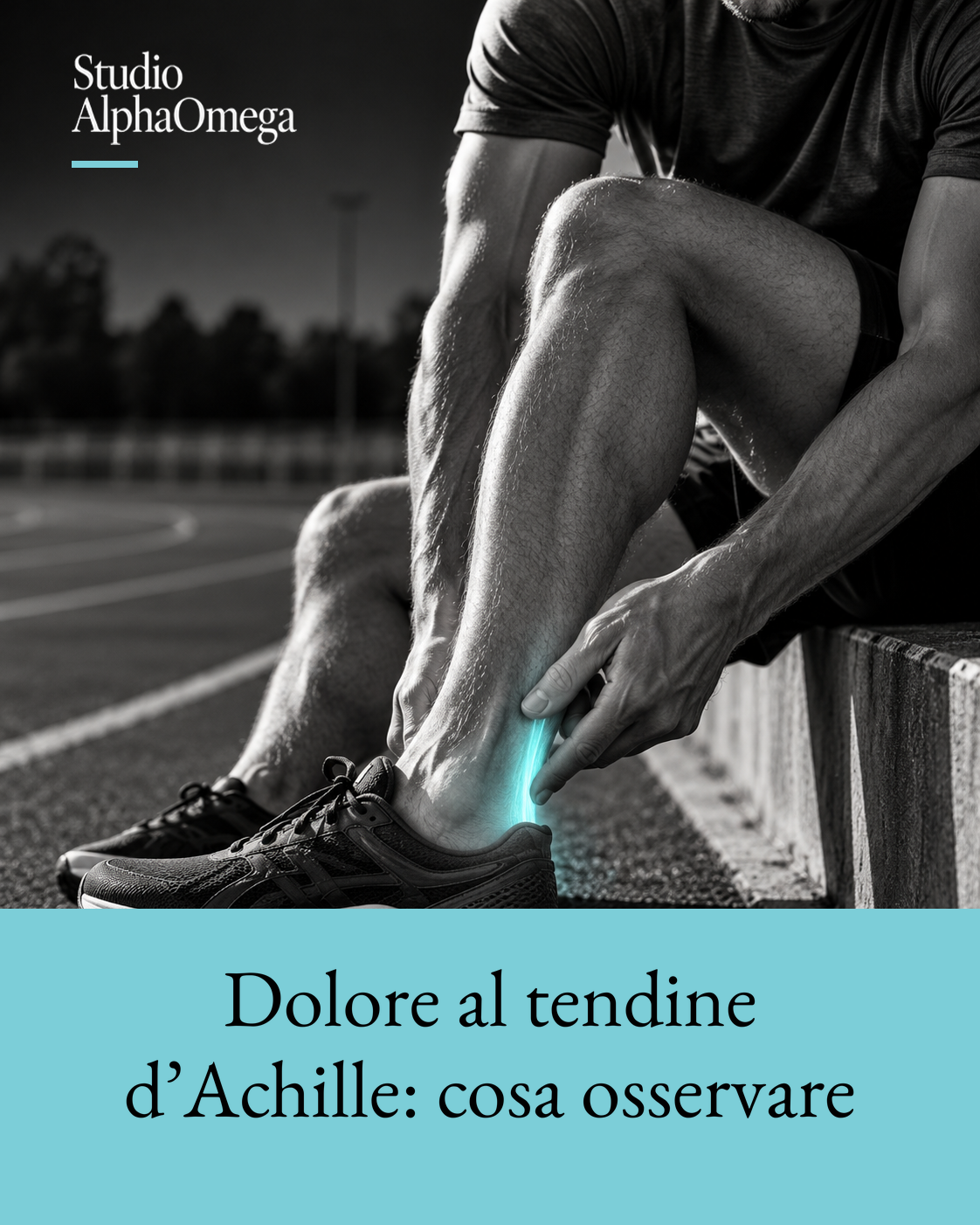 Runner seduto ai bordi di una pista, con la mano sulla parte posteriore della caviglia e un effetto illustrativo azzurro localizzato sul tendine d’Achille.