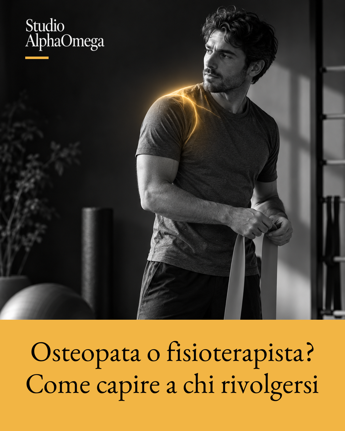 Persona adulta con elastico per esercizi in un ambiente neutro, dettaglio neon oro illustrativo sulla spalla.